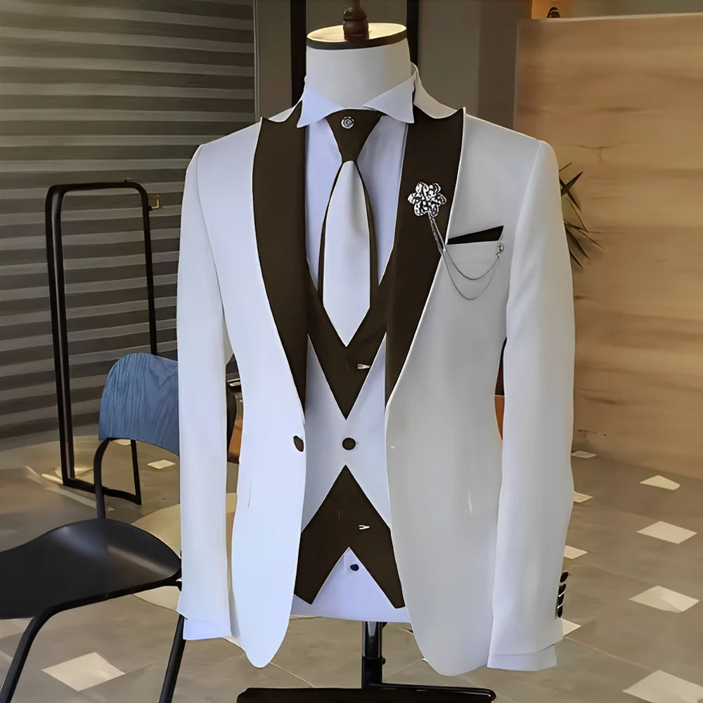 Costume Blanc et Noir pour Homme, Smoking de Mariage, Revers Patricia, Terno Mascul37, de Bal, Marié, Ensembles Blazer Slim Fit, 3 Pièces