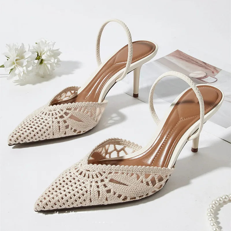 Sandales à talons hauts ajourées tissées pour femmes, sexy, à bout pointu, confortables et élégantes pour l'été