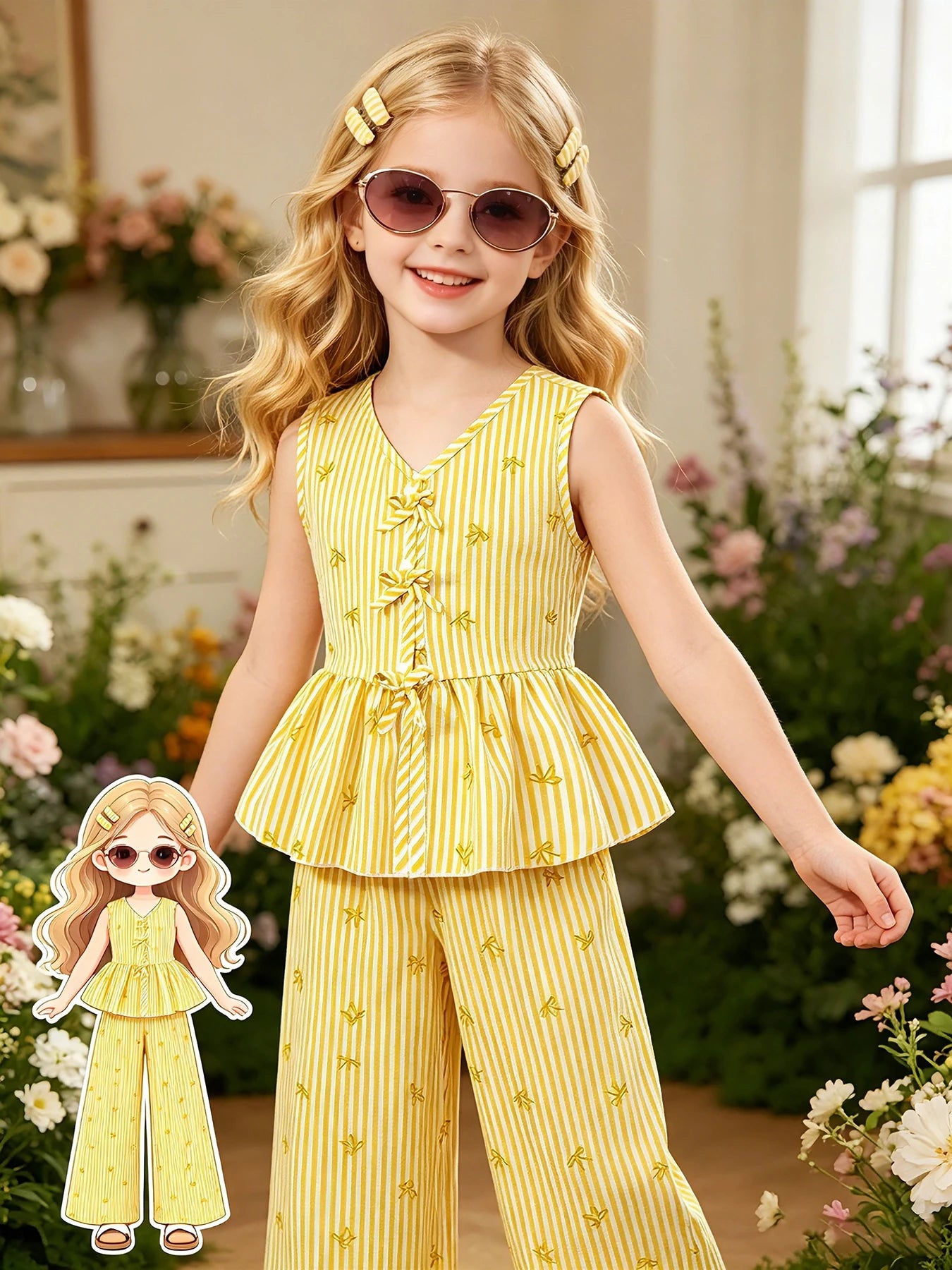 Tenue d'été 2 pièces pour enfants filles, haut à volants sans manches à col en V avec imprimé à rayures verticales jaunes et pantalon à jambes larges taille haute, décontracté