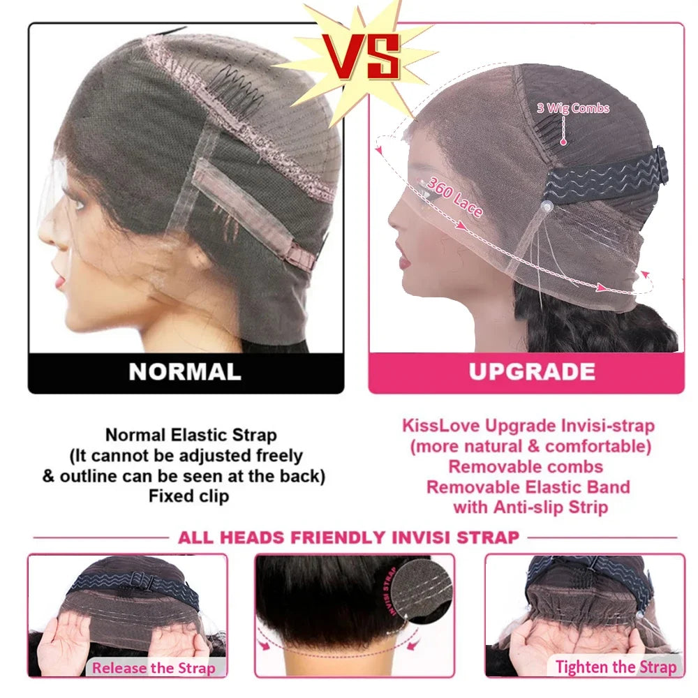Perruque 360 Full Lace 250% 18-36 pouces avec sangle invisible, cheveux humains bouclés profonds, cordon de serrage réglable, dentelle HD, sans colle