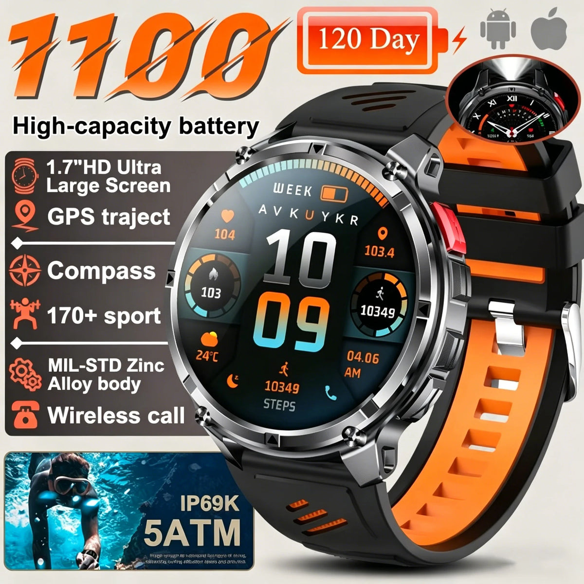Nouvelle montre connectée T-REX3 Ultra avec batterie 1100mAh, étanche 10ATM, GPS, boussole, lampe de poche, écran AMOLED HD de 1,7 pouces, appels, montre connectée sport pour hommes