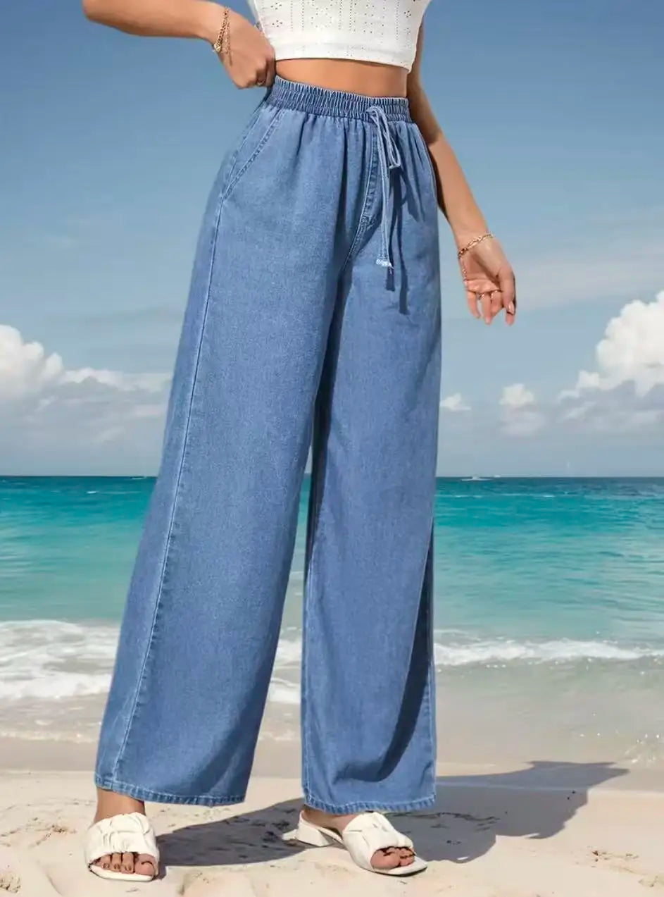 Jeans à jambes larges et taille élastique pour femmes