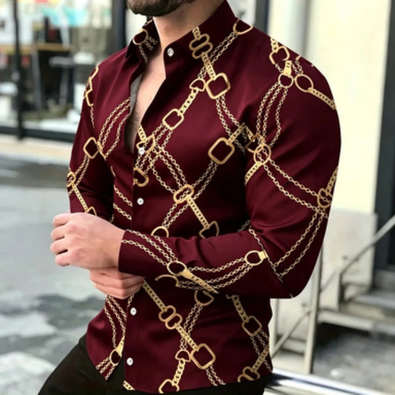 Chemise à manches longues pour homme avec imprimé chaîne dorée, style décontracté chic européen et américain pour jeunes, imprimé tendance pour homme, quotidien
