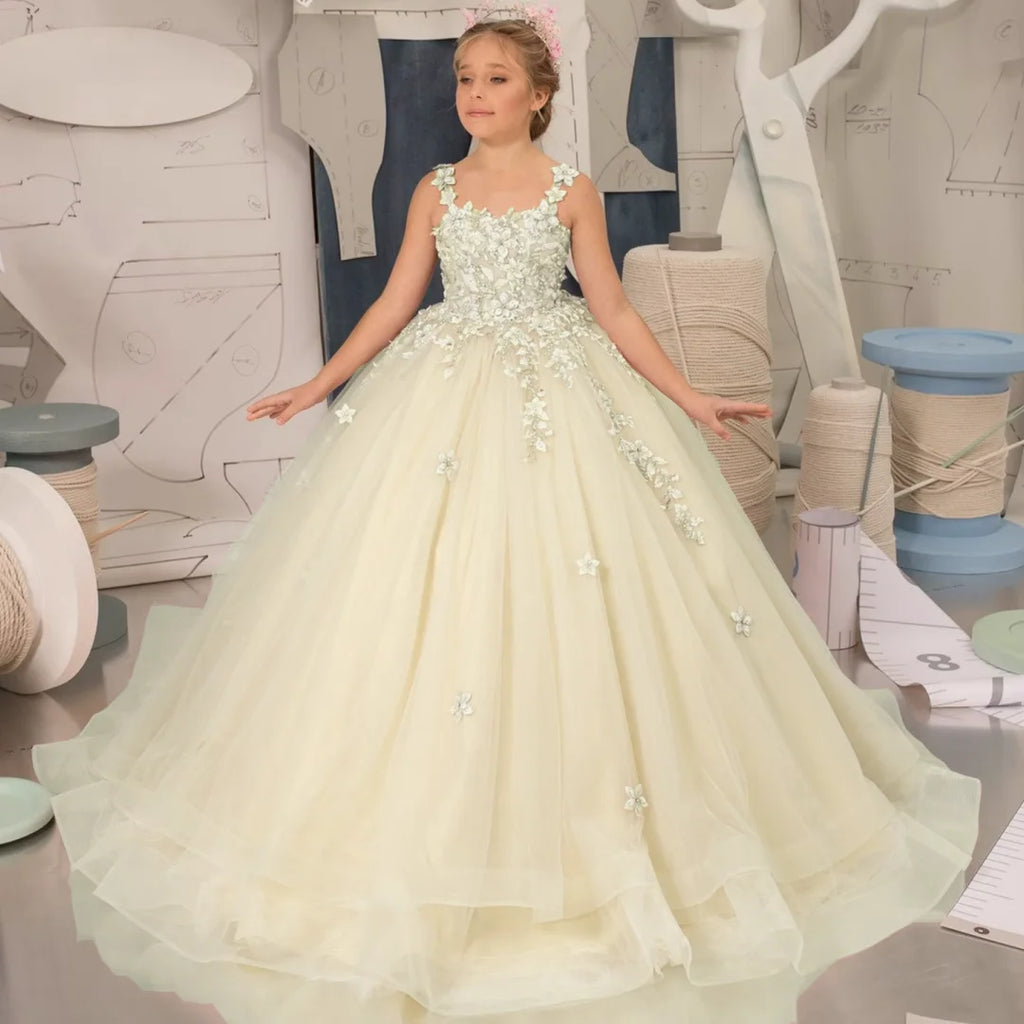 Robe à fleurs rose clair personnalisée pour filles, en Tulle, avec des Appliques de fleurs, sans manches, pour mariage, fête d'anniversaire, bal, Banquet, robe de princesse