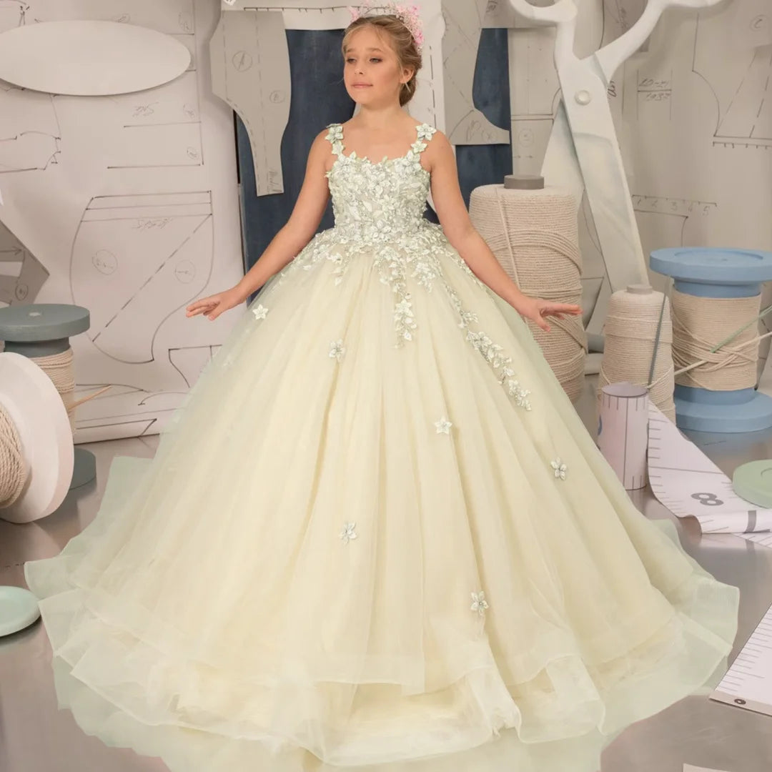 Robe à fleurs rose clair personnalisée pour filles, en Tulle, avec des Appliques de fleurs, sans manches, pour mariage, fête d'anniversaire, bal, Banquet, robe de princesse
