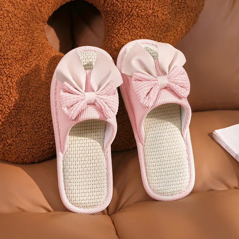 Chaussons d'été décontractés en lin pour femmes avec nœud multicolore fantaisie, antidérapants, à enfiler, pour la maison, pour filles, design simple et mignon