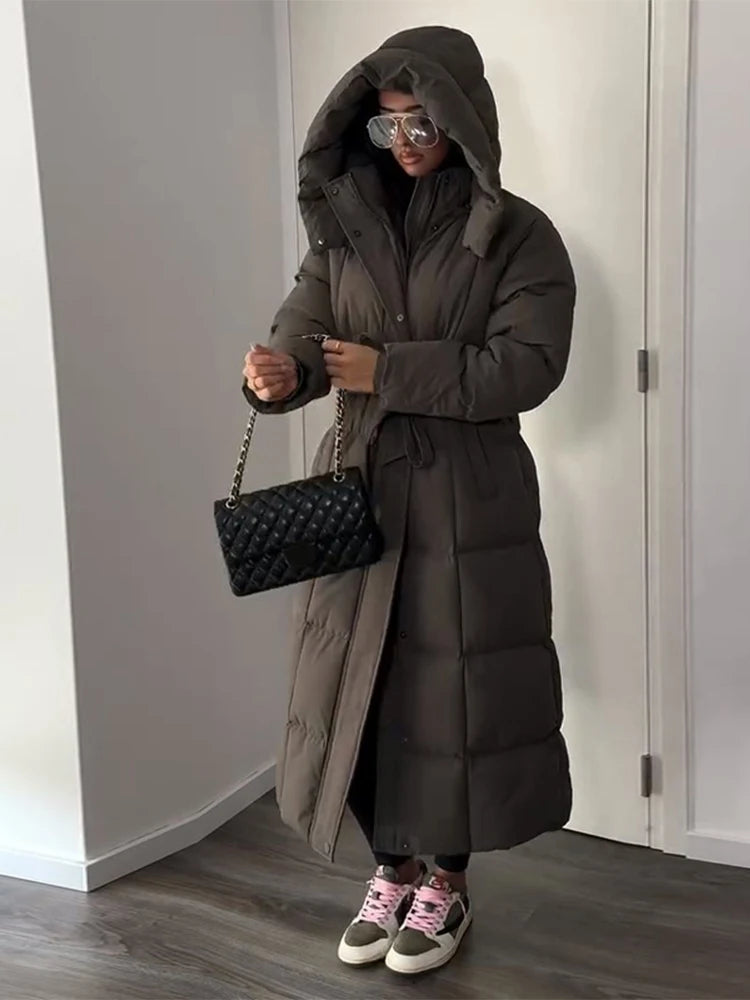Veste longue à lacets à capuche pour femme, couleur unie, fermeture éclair, manches longues, manteaux amples, polyvalents, chauds et minimalistes, nouvelles vestes d'hiver pour femmes