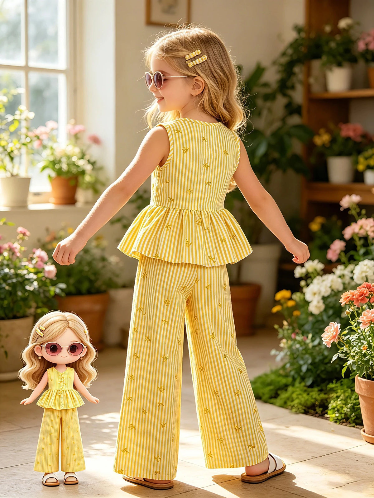 Tenue d'été 2 pièces pour enfants filles, haut à volants sans manches à col en V avec imprimé à rayures verticales jaunes et pantalon à jambes larges taille haute, décontracté