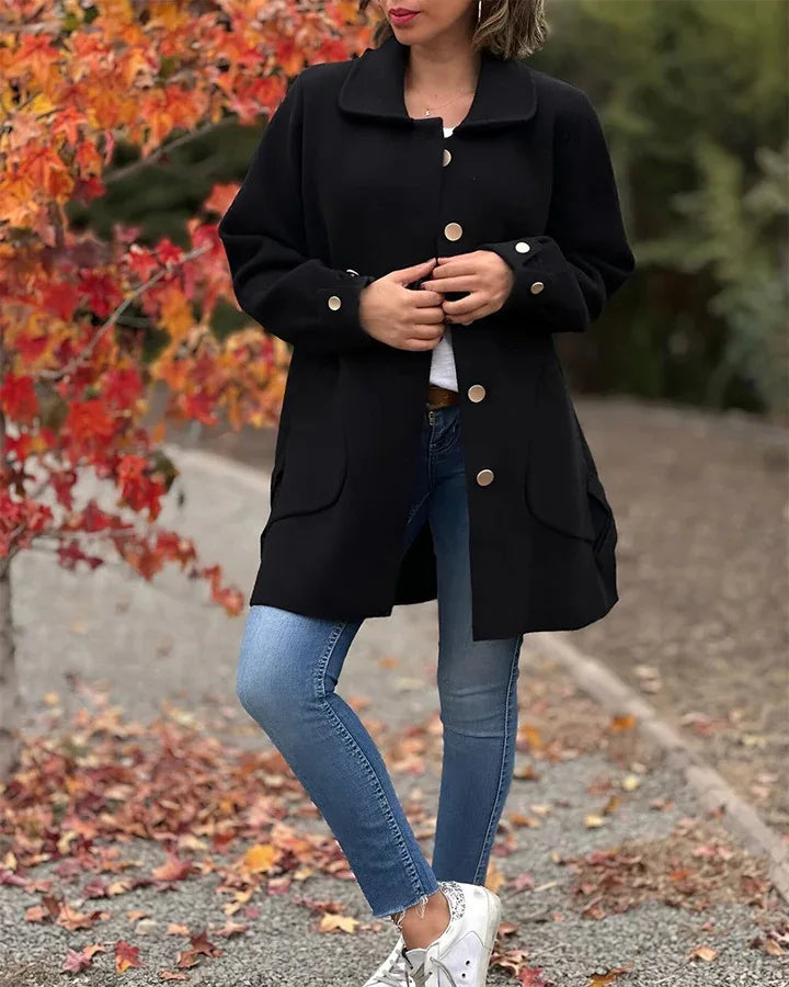 Manteau long en laine mélangée pour femmes, col à revers, couleur unie, manches longues, veste décontractée à nœud, élégant manteau de bureau pour femme.