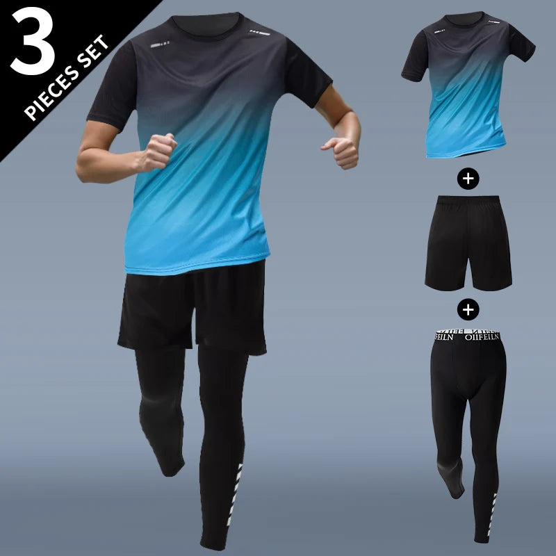 Combinaison de sport dégradée pour hommes, 3 pièces, séchage rapide, loisirs, sport, course à pied, manches courtes, pantalon de Protection solaire confortable, Short Joker