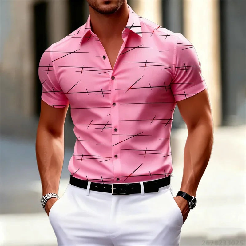 Chemise à manches courtes pour homme, 18 couleurs, nouvelle collection 2026, imprimé lignes géométriques, style urbain décontracté, col slim, tissu confortable