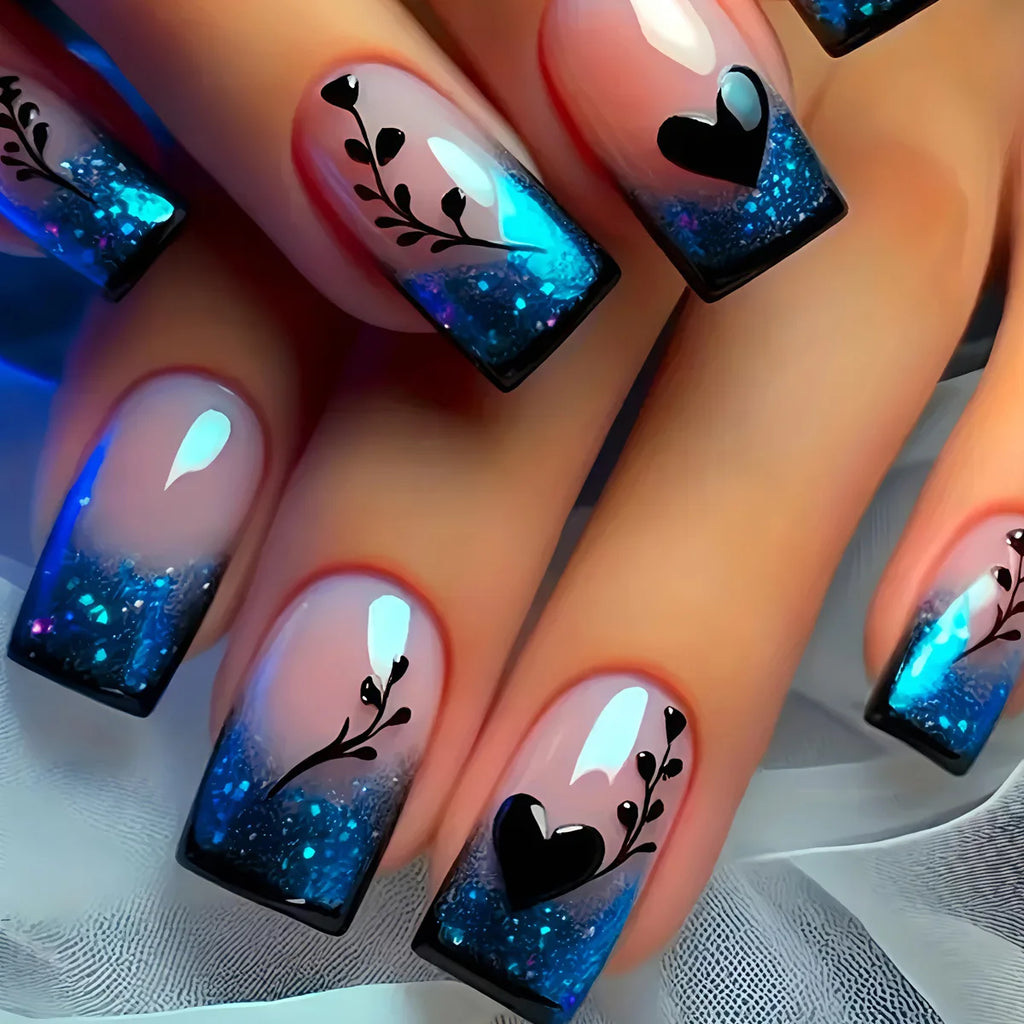 Faux ongles courts carrés pour femmes et filles, dégradé bleu foncé avec motif floral, couverture complète, pose facile, acrylique, faux ongles décoratifs.