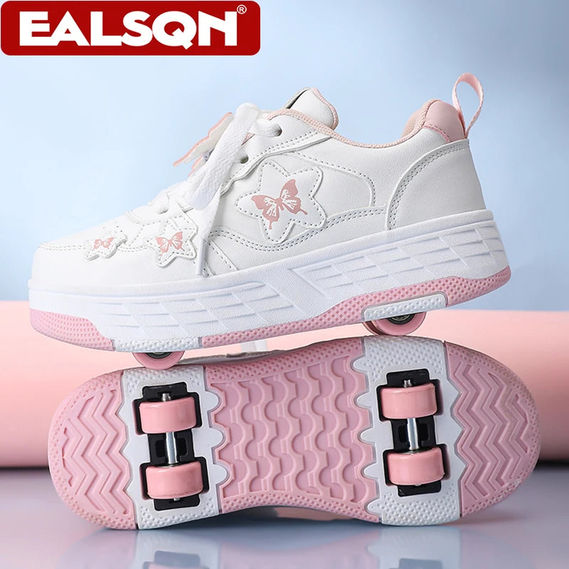 Chaussures de marche à 4 roues avec motifs papillons, baskets de sport d'extérieur pour enfants, rollers pour adolescents et filles, divertissement