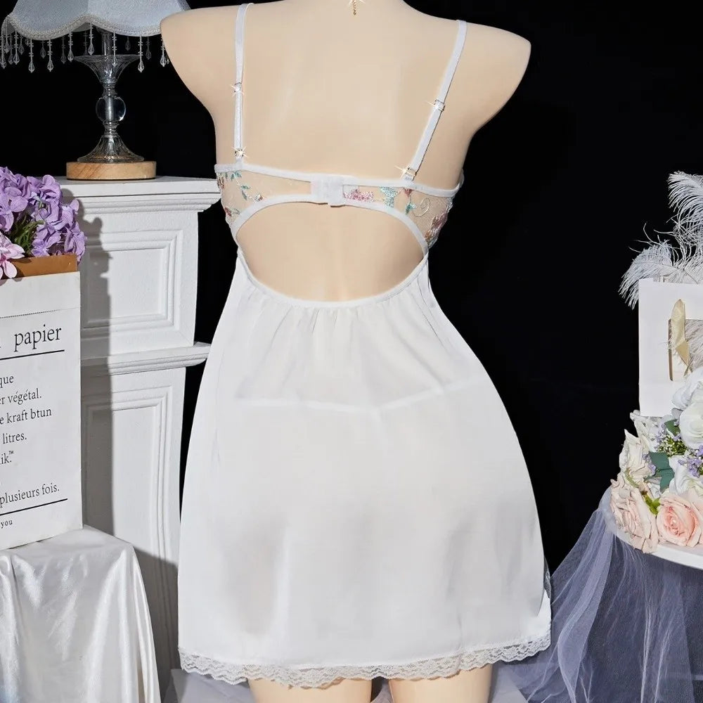 Robe de nuit pour femme en dentelle fine avec nœud, brodée, en maille transparente, en soie glacée, à bretelles, sans manches