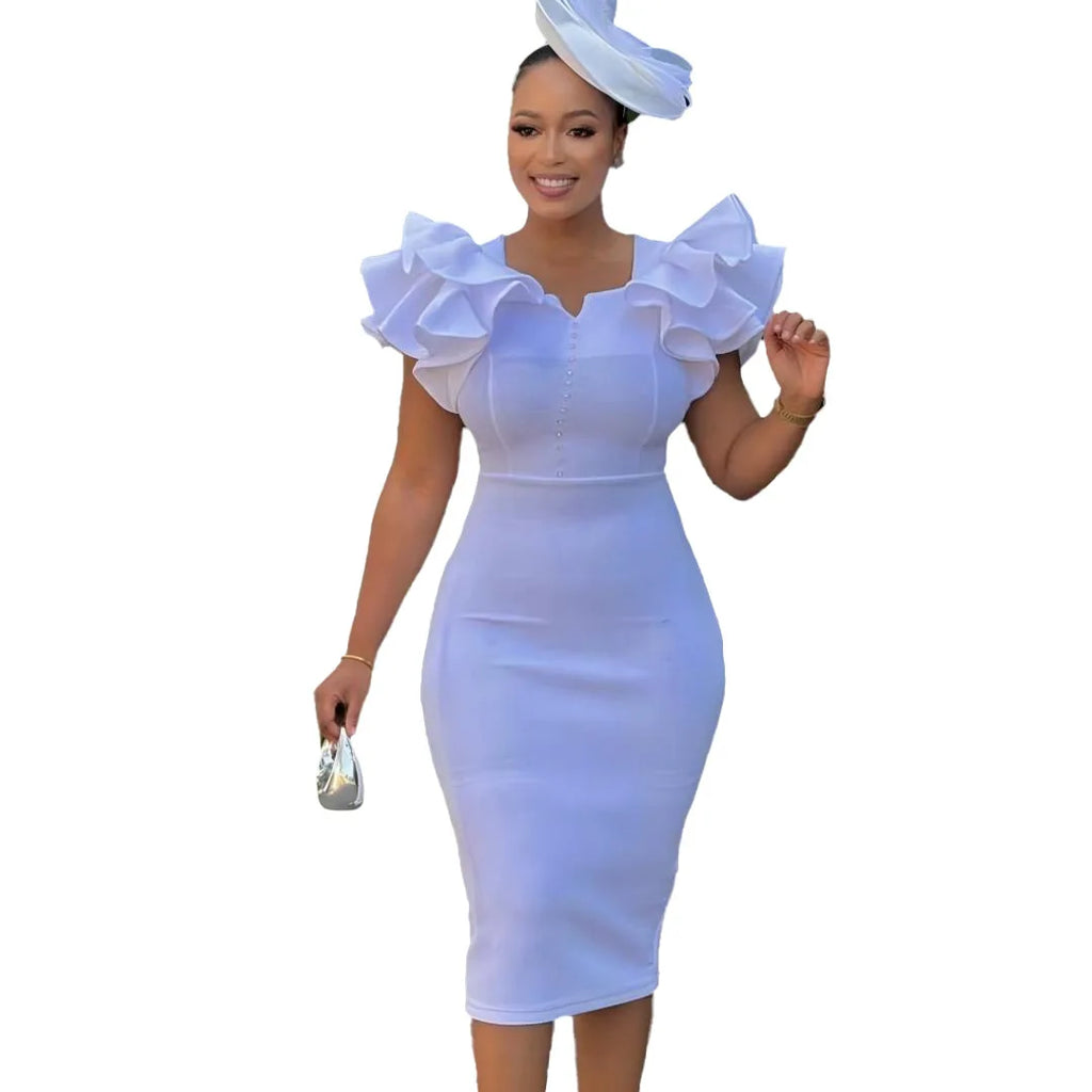 Robe de soirée élégante pour femmes, mode d'été, manches Lotus perlées, enveloppée sur les hanches, Style cascade