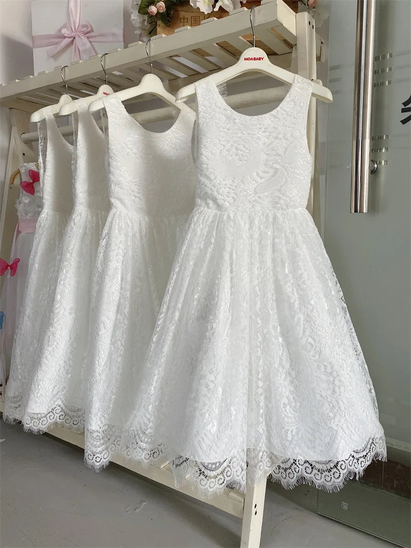 Robe de demoiselle d'honneur en dentelle blanche avec grand nœud, élégante, sans manches, coupe trapèze, pour cérémonies, communion, mariages et fêtes