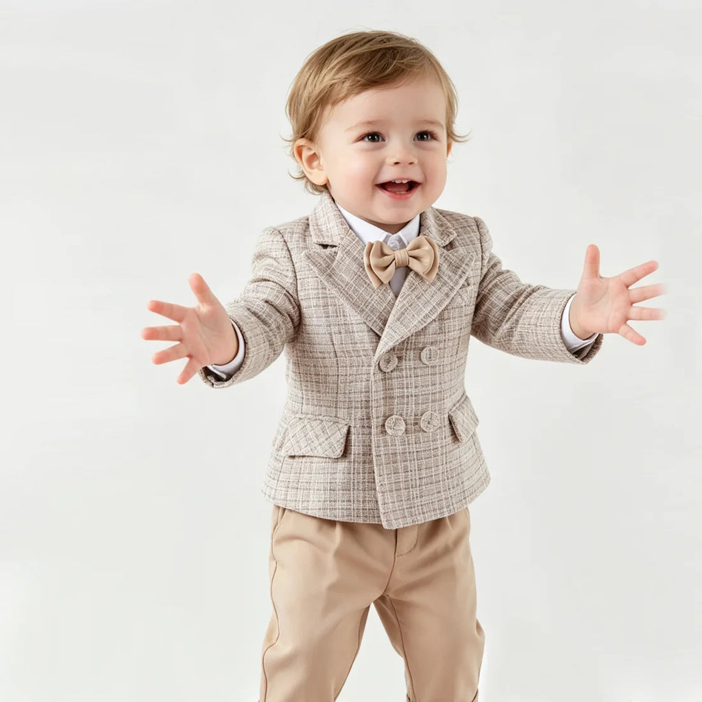 Ensemble de costume en tweed pour bébés garçons, style gentleman, pour mariage, cérémonie ou fête d'anniversaire, avec blazer croisé, pantalon kaki et nœud papillon