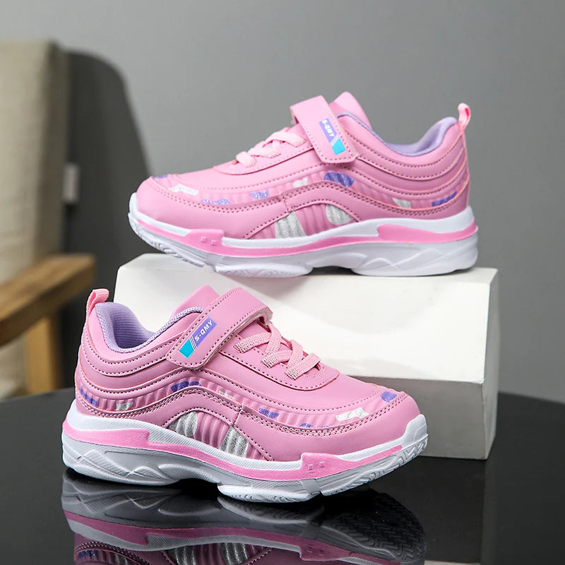 Chaussures de sport imperméables pour filles, baskets décontractées en cuir, roses, respirantes, coordonnantes, légères, à la mode, pour enfants