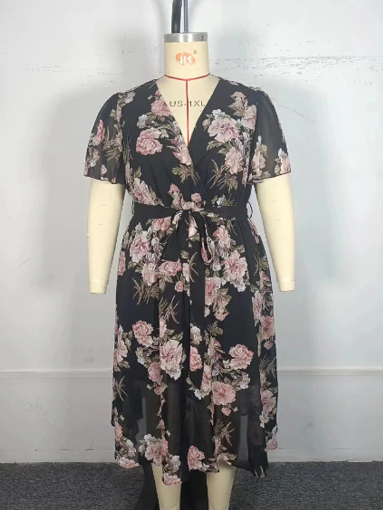 GIBSIE-Robe longue avec ceinture, grande taille, col surplis, manches papillon, imprimé floral, coupe trapèze, style bohème, nouvelle collection été 2024