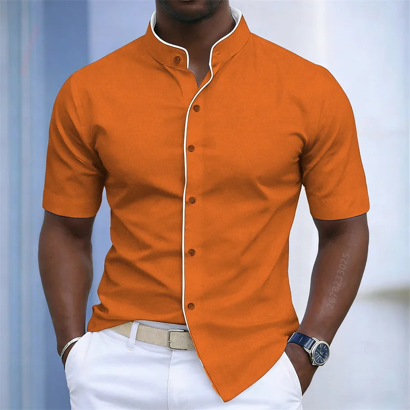 Chemise d'été pour homme à col montant et manches courtes, 20 couleurs, design color block tendance, coupe ajustée, chemise décontractée pour affaires, tailles XS-6XL