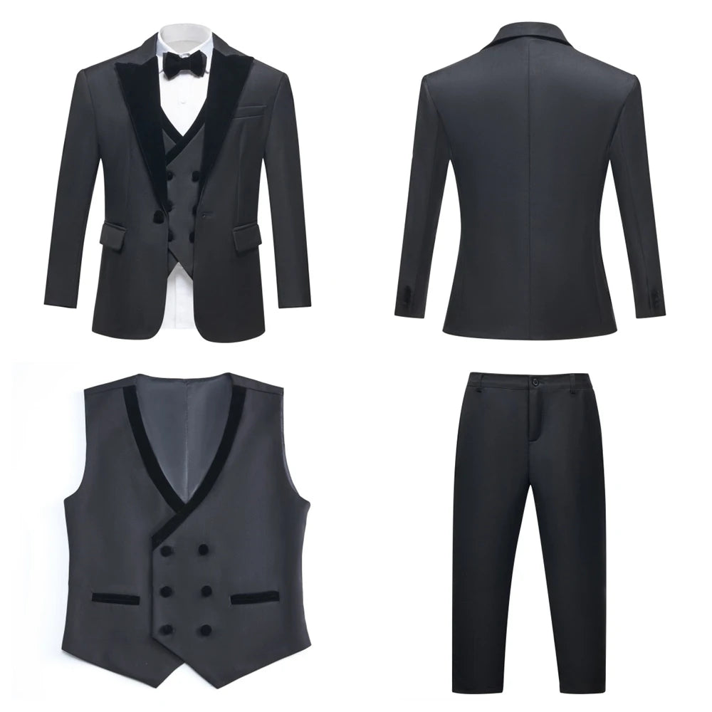 Ensemble de costume formel quatre pièces pour garçons, Blazer à col en velours, pantalon gilet, pantalon de smoking à nœud papillon, costumes de mariage pour enfants de retour
