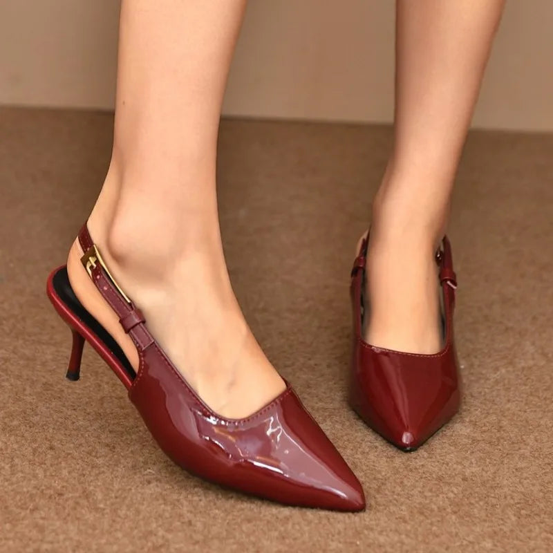 Escarpins à talons hauts pointus pour femmes, sandales sexy à talon fin et bride arrière, élégantes chaussures de soirée en cuir verni