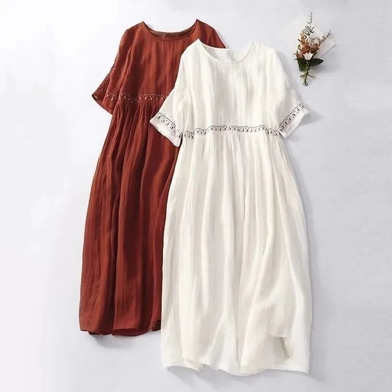 Robe d'été pour femme grande taille, brodée, coupe ample, style A-line évasé, décontractée, mi-longue, pour l'extérieur