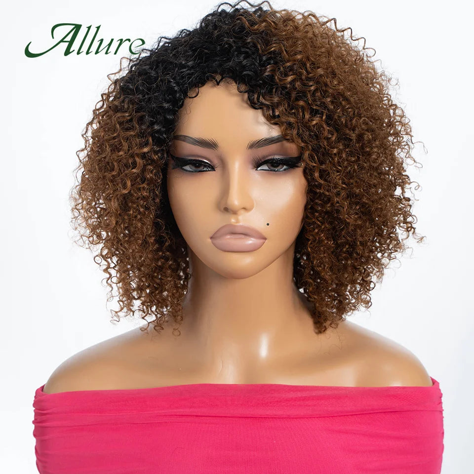 Perruques brésiliennes Jerry Curly en cheveux humains pour femmes, couleur brun foncé, cheveux courts bouclés, perruque sans colle, perruques afro crépues Allure