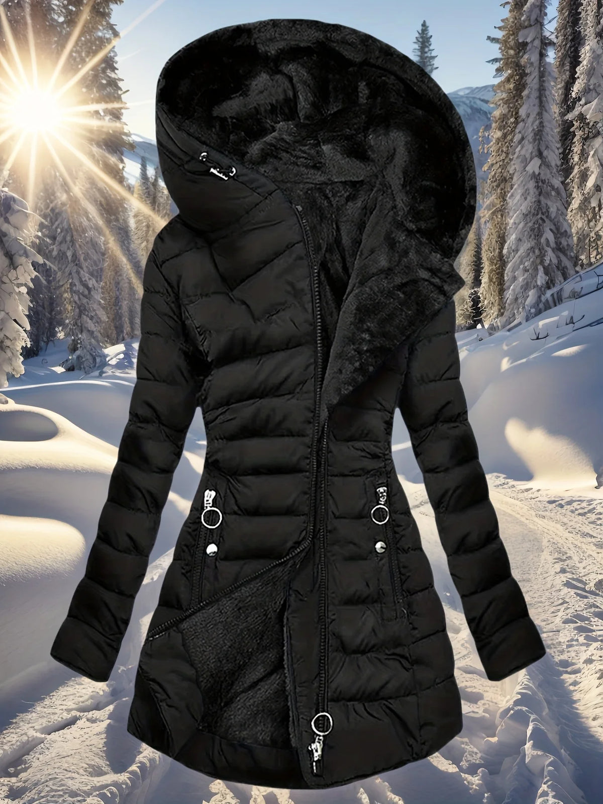 SQ25033006 Veste directionnelle en coton spécialisée chaude et élégante pour femme avec fermeture éclair à manches longues en coton à capuche