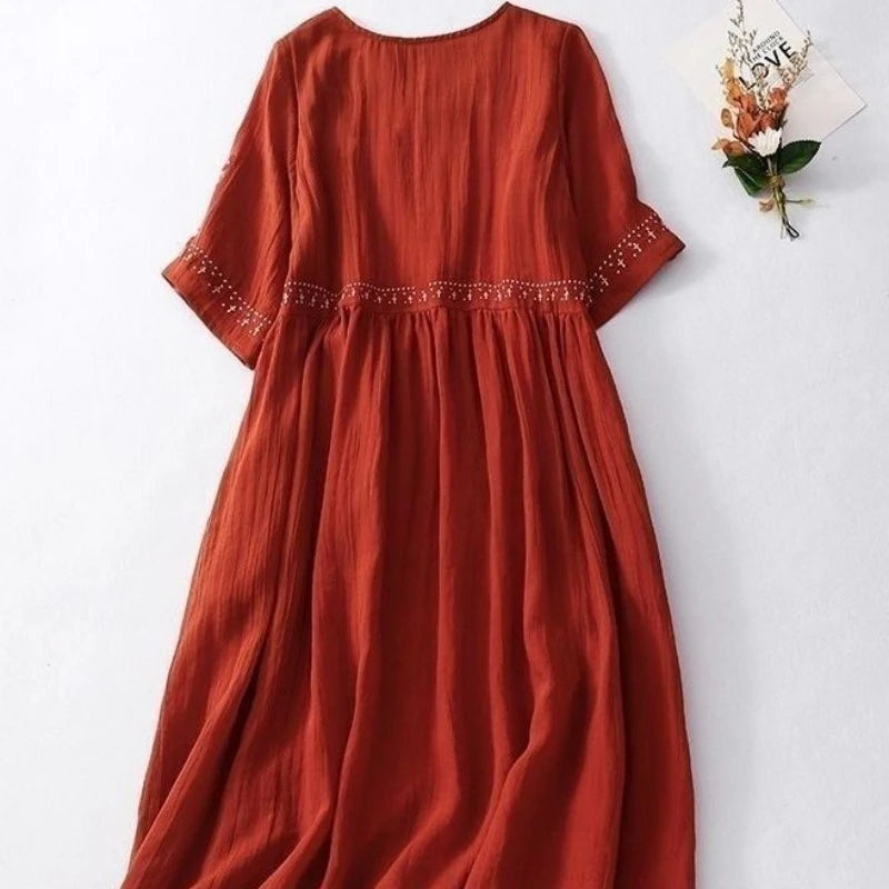 Robe d'été pour femme grande taille, brodée, coupe ample, style A-line évasé, décontractée, mi-longue, pour l'extérieur