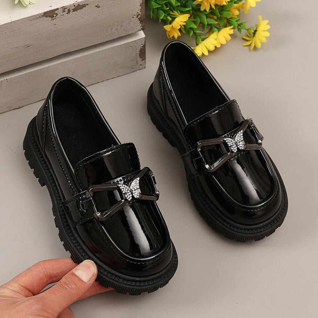 Chaussures en cuir pour enfants, chaussures de princesse papillon brillant, bout rond, à enfiler, mocassins élégants et doux Mary Jane pour filles, automne 2025