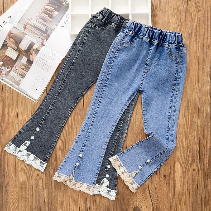 Jeans pour filles de 3 à 12 ans, pantalons longs en dentelle, à la mode, doux, avec nœud coréen, évasé, amples, décontractés, nouvelle collection 2024