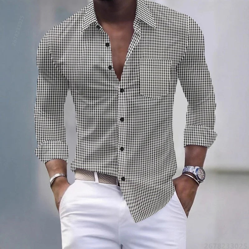 Chemise pour hommes 13 couleurs, chemise à manches longues à carreaux bleu clair et blanc, haut pour hommes coupe slim, décontracté, d'affaires et de déplacement.