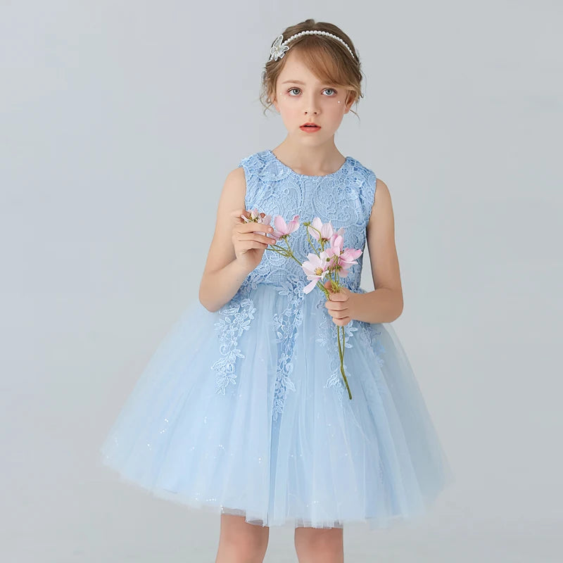 Robe à fleurs en dentelle blanche pour filles, avec nœuds, robe de première Communion pour enfants, robes de princesse sans manches, BX8991