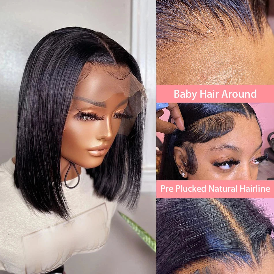 Perruques Lace Frontal 13x4 ultra-lisses, coupe courte bob, pré-épilées, avec dentelle transparente 4x4, 100% cheveux humains brésiliens, 12, 14, 16 pouces