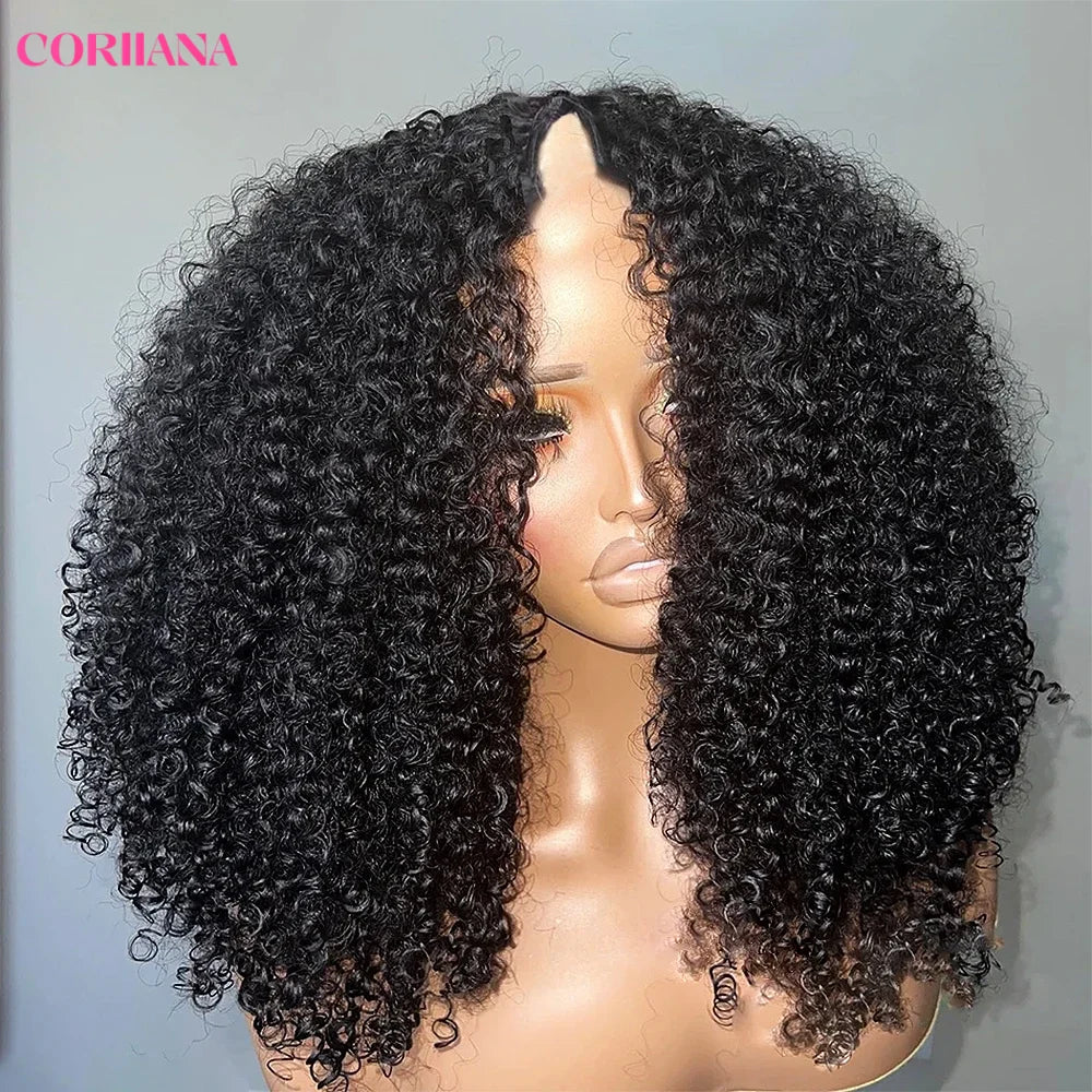 Perruque V-Part 250% Kinky Curly en Cheveux Humains, Sans Tissage apparent, Améliorée, Ondulations Profondes, Perruque Demi-Tête Sans Colle à Clipser pour Femmes