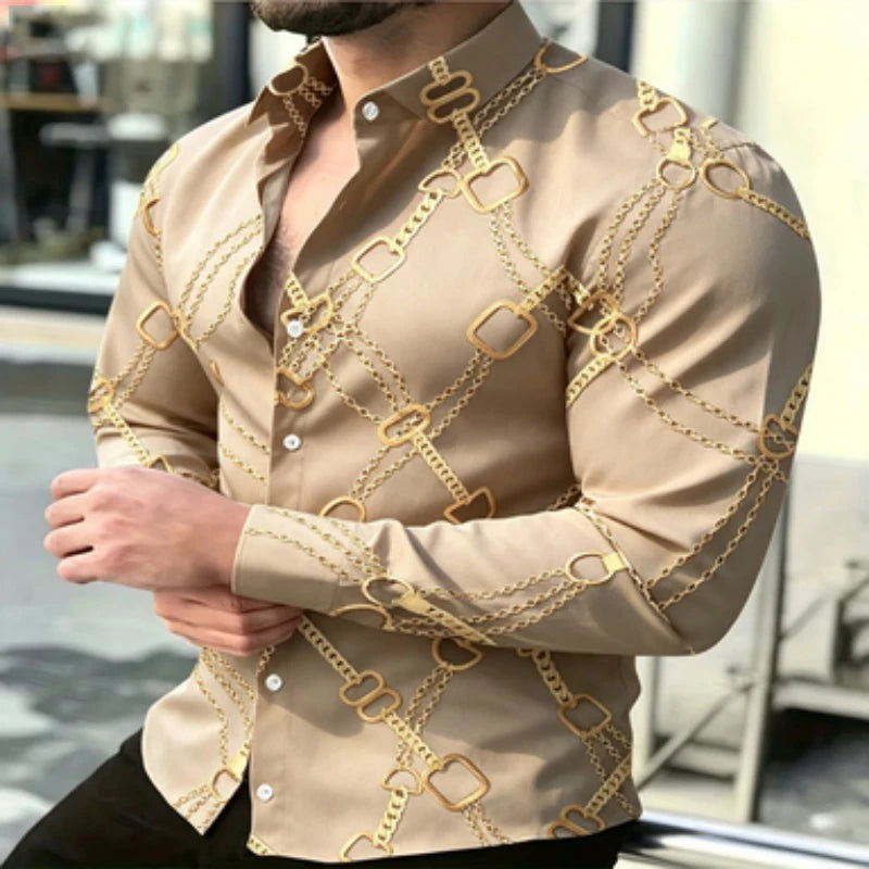 Chemise à manches longues pour homme avec imprimé chaîne dorée, style décontracté chic européen et américain pour jeunes, imprimé tendance pour homme, quotidien