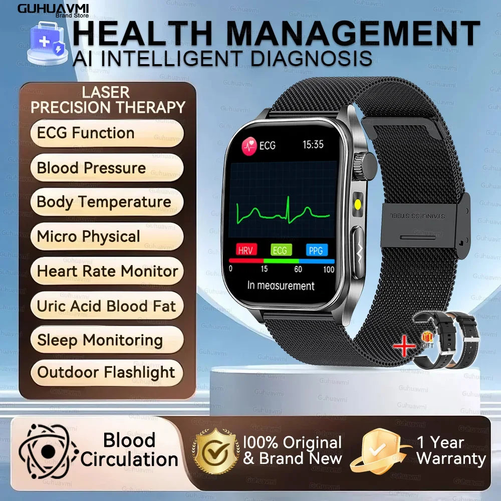 2025New 650nm Laser conditionnement verre saphir montre intelligente hommes ECG fréquence cardiaque Micro examen physique santé Smartwatch température