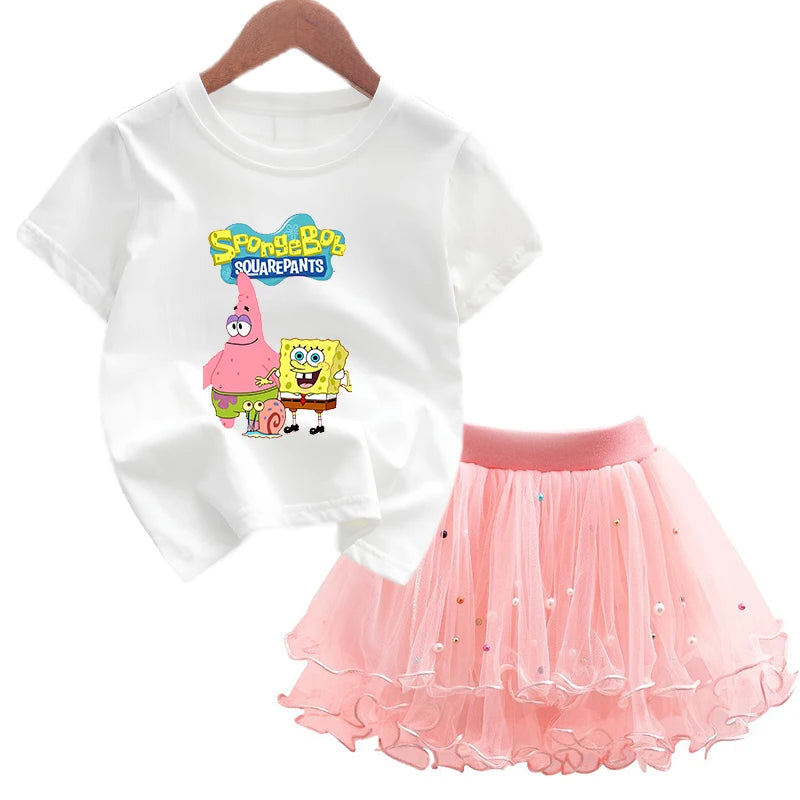 Robe Bob l'éponge pour filles, vêtements d'anniversaire pour enfants, robe de princesse de fête, T-shirt + jupe Tutu, cadeau de soirée d'été, 2 pièces/ensemble