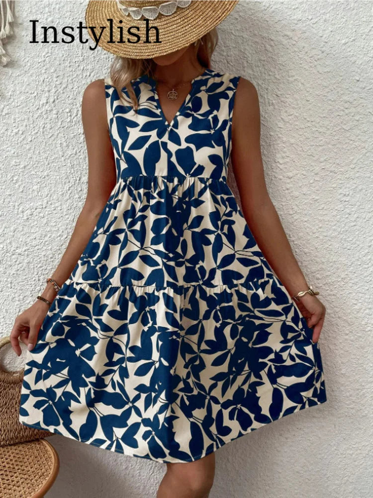 Femmes Boho imprimé Mini robe été élégant sans manches col en V à volants une ligne débardeur décontracté ample surdimensionné plage fête robe d'été