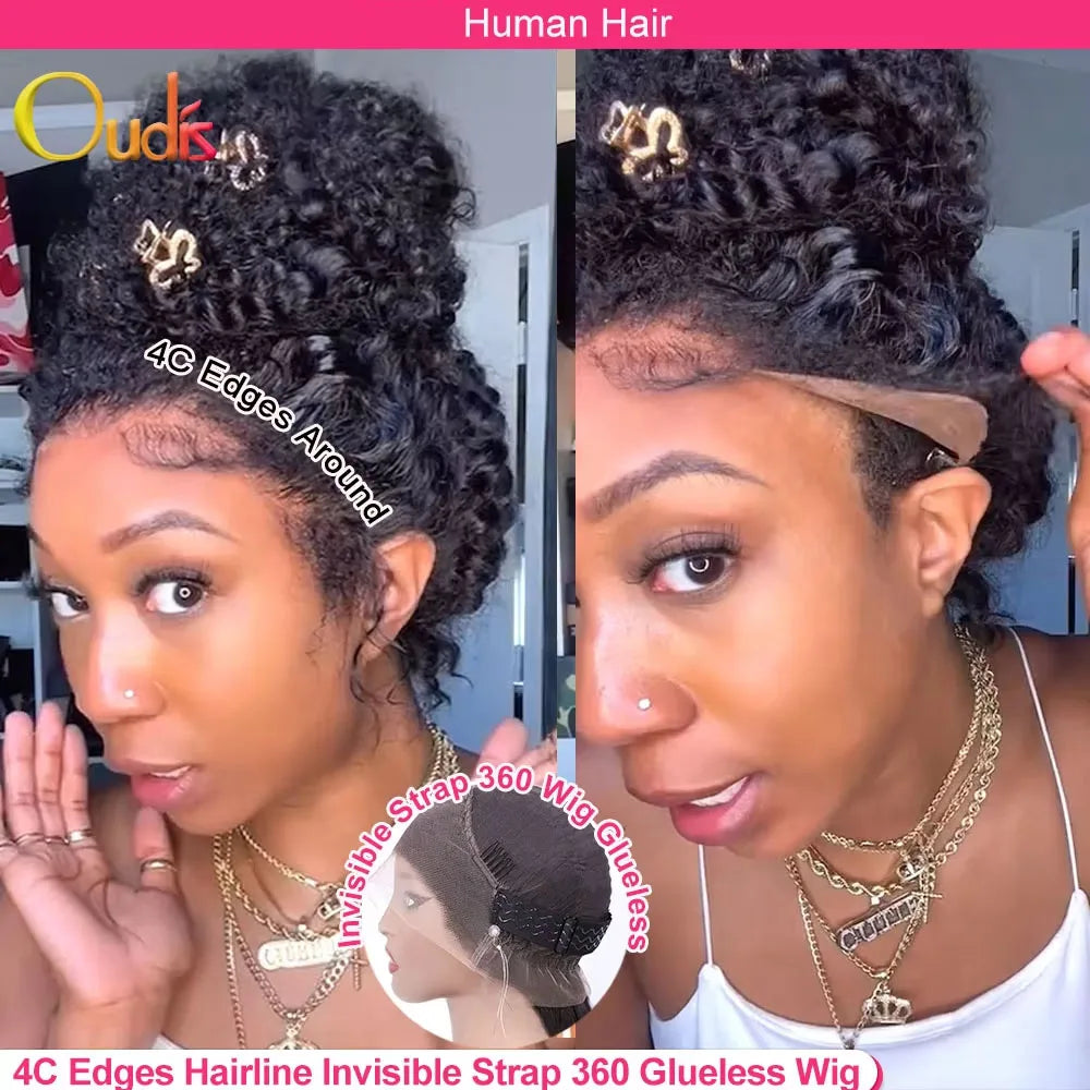 4C bords crépus bouclés sangle Invisible 360 pleine dentelle avant sans colle perruques cheveux humains dentelle frontale perruque avec des cheveux de bébé bouclés