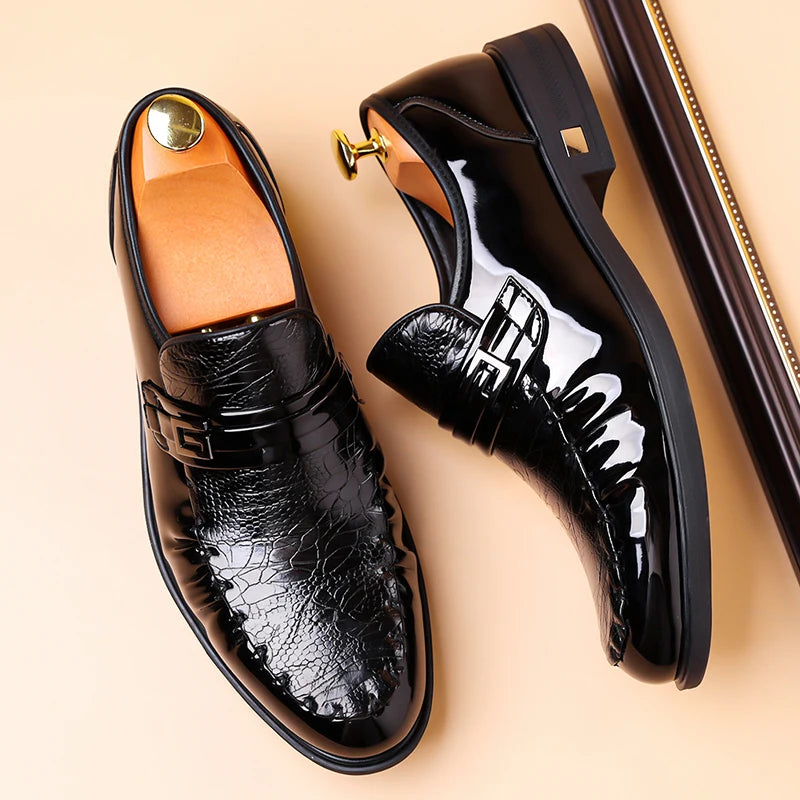 Chaussures habillées marron à motif crocodile pour hommes, mocassins en cuir verni à enfiler, chaussures Oxford formelles pour affaires et mariages