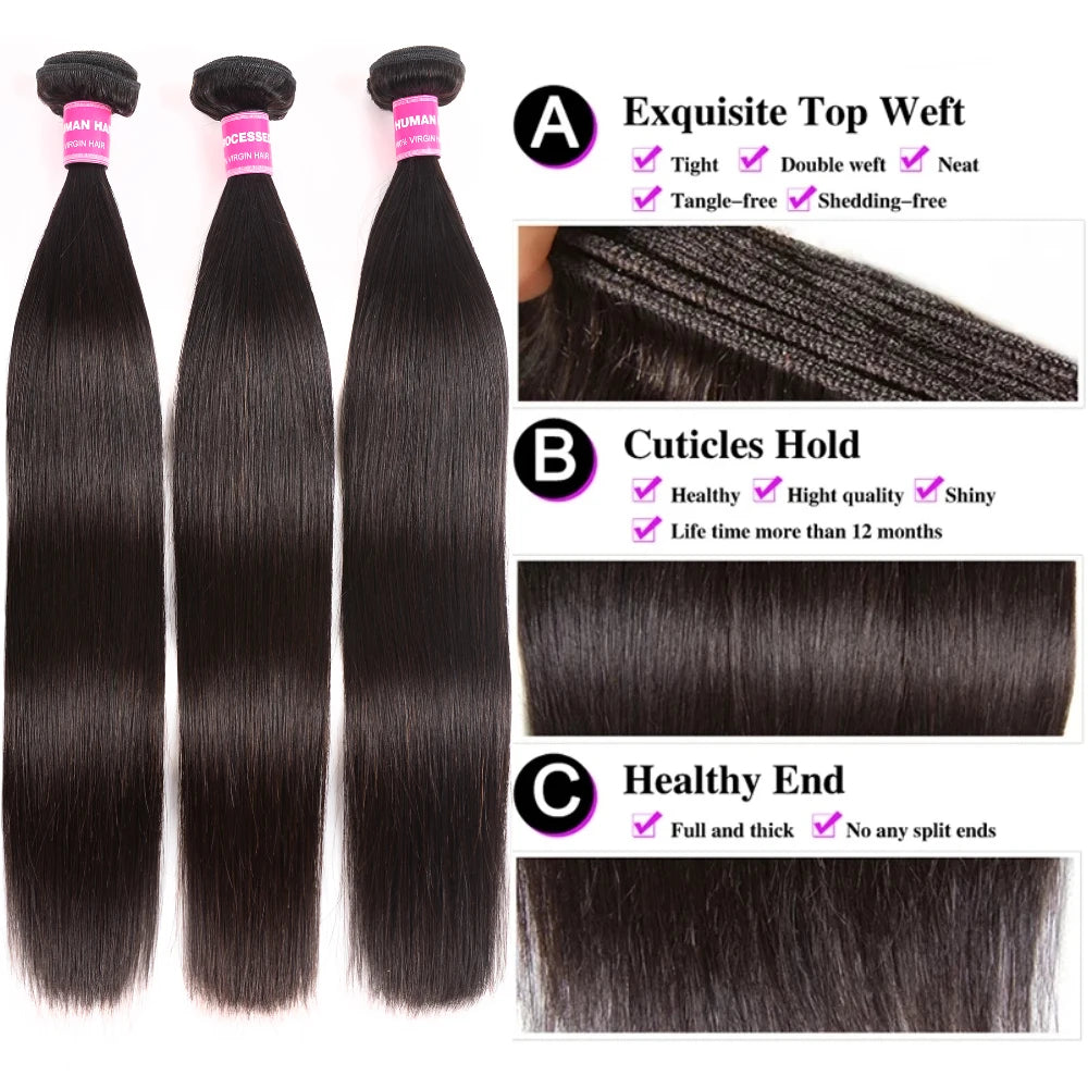 UNice Mèches de cheveux humains ultra-lisses 1/3 pièces/lot Couleur naturelle Non traitées Grade 10A/12A Tissages à coudre