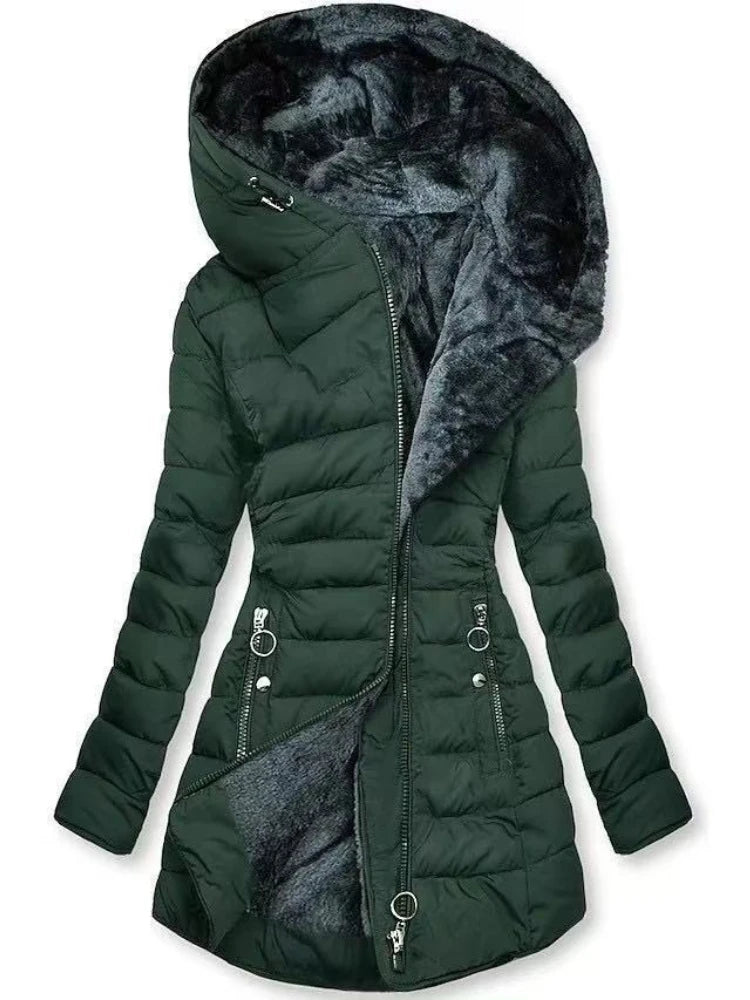 Manteau mi-long pour femme, veste matelassée grande taille, vêtements d'extérieur chauds, à capuche, grand col en fourrure, coupe-vent, manches longues, manteau d'hiver