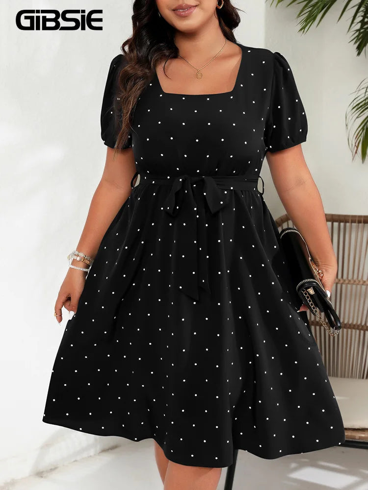 GIBSIE-Robe trapèze ceinturée à pois pour femme, grande taille, col carré, manches bouffantes, taille haute, élégante, rétro, été