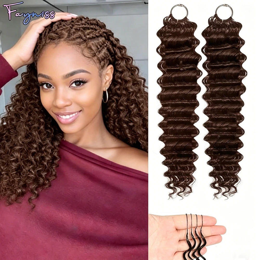 Cheveux humains 100% naturels, couleur chocolat brun, bouclés crépus, pour tresses bohèmes, pré-séparés, effet plume, pour tressage au crochet.