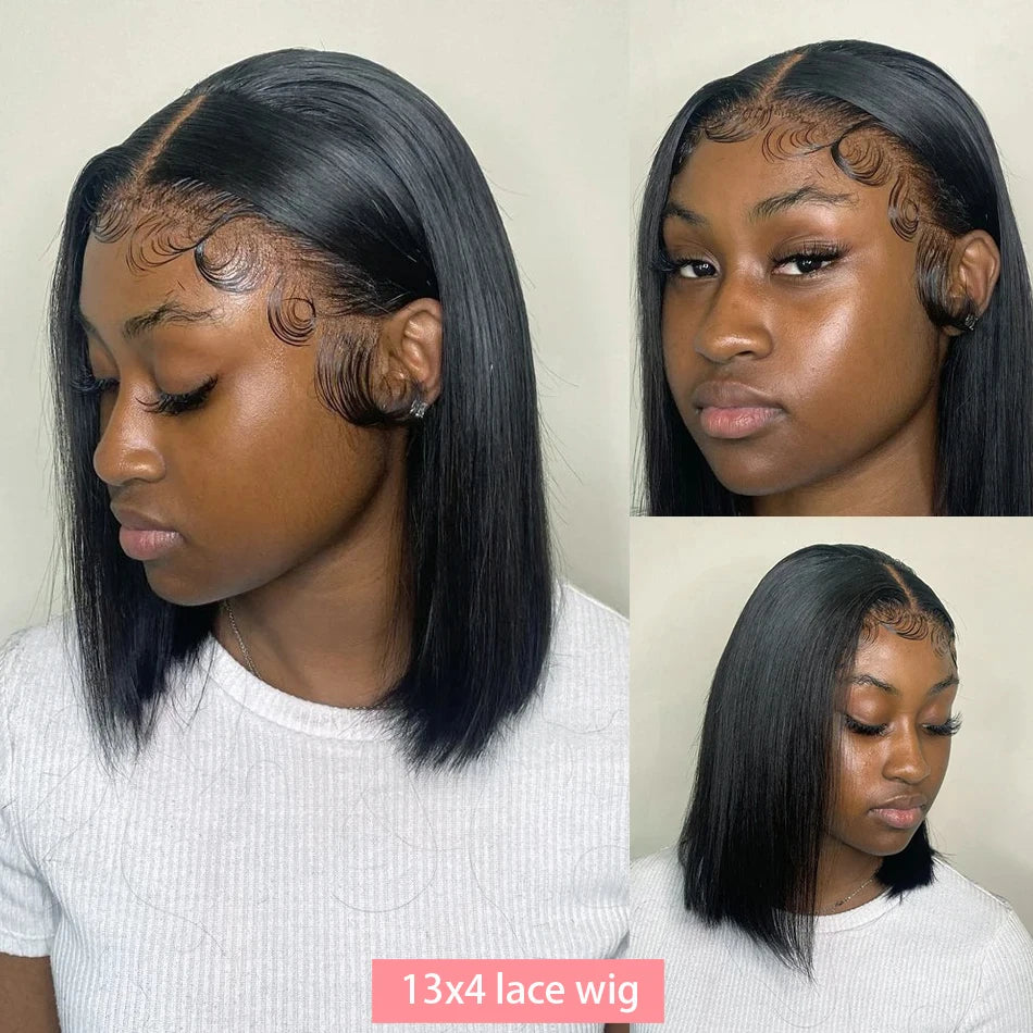Perruques Lace Frontal 13x4 ultra-lisses, coupe courte bob, pré-épilées, avec dentelle transparente 4x4, 100% cheveux humains brésiliens, 12, 14, 16 pouces