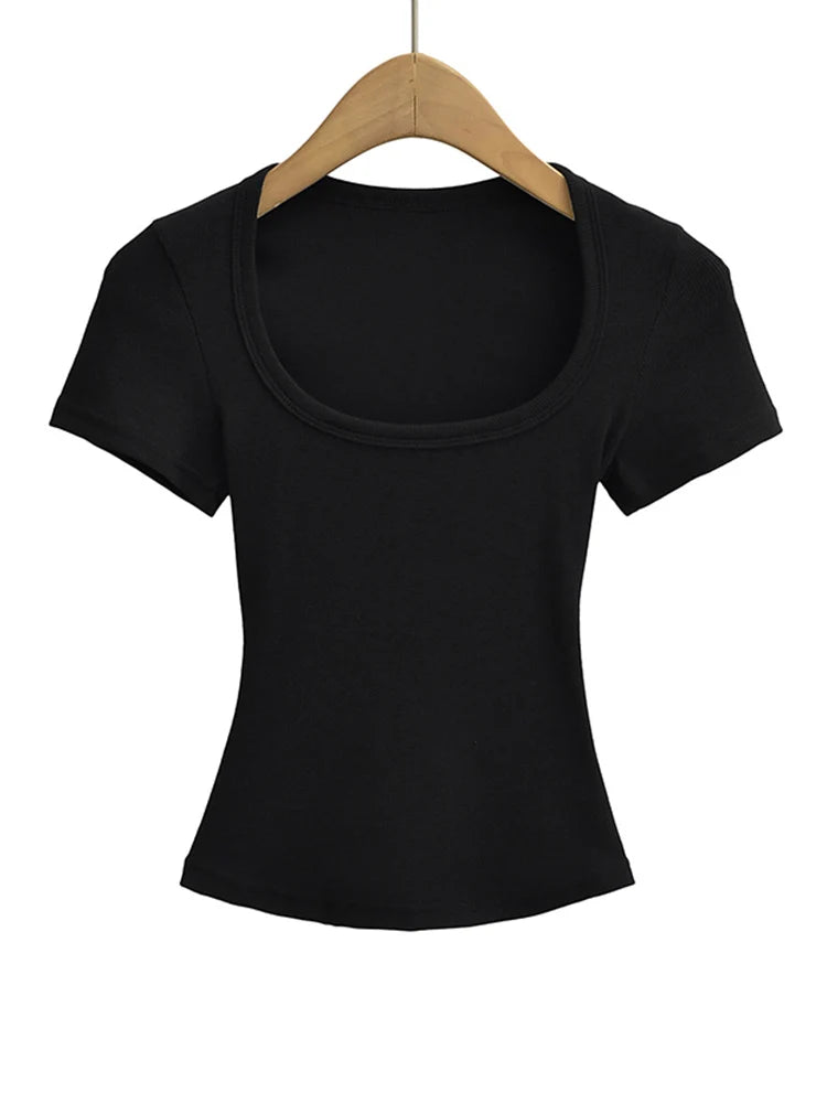 Col carré haute Stretch été culture hauts femmes à manches courtes hauts Sexy pull sommets Blouses mince T-shirt