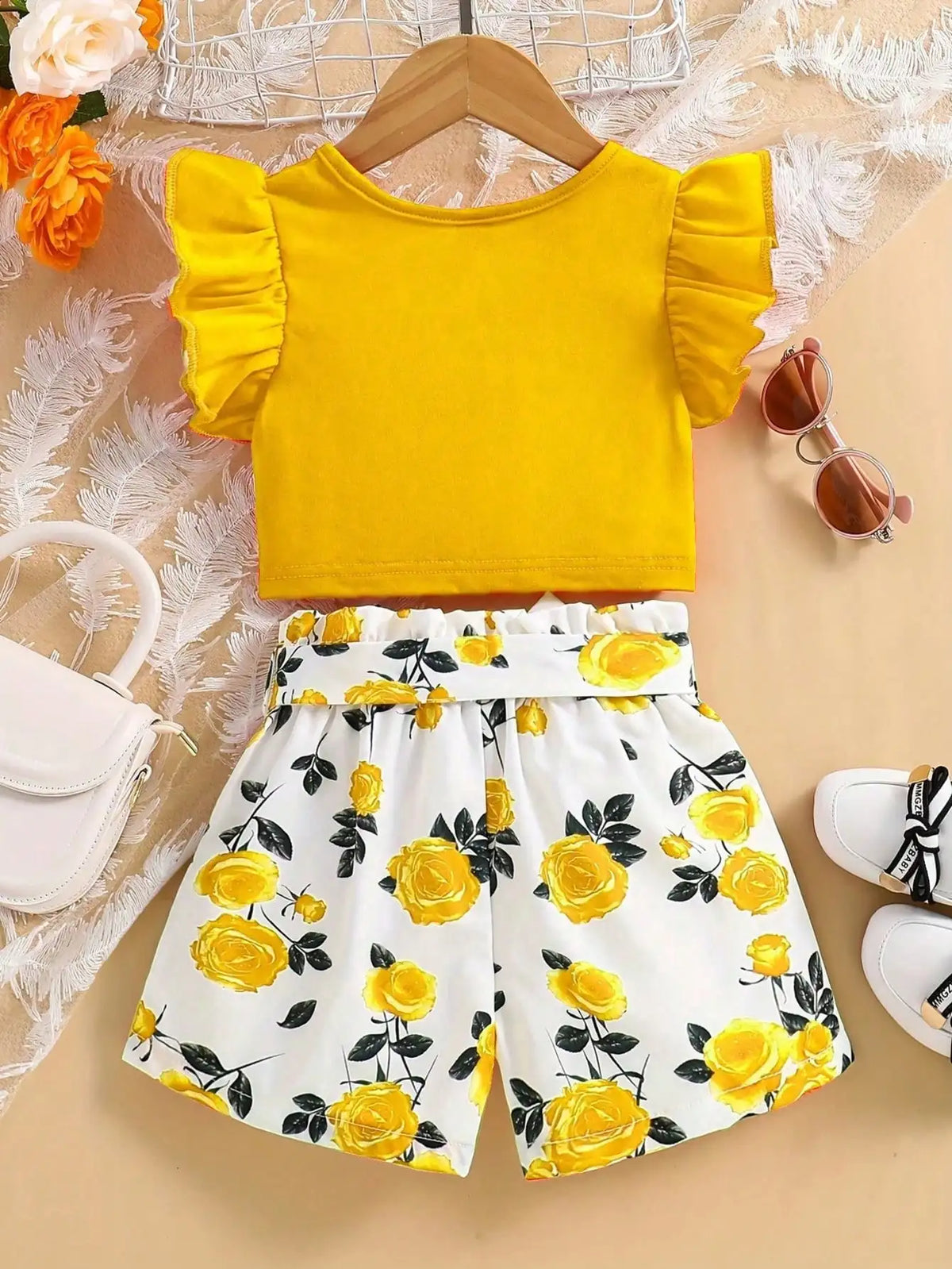 Ensemble de vêtements pour enfants, décontracté d'été, avec volants, sans manches, nœud, haut de couleur unie + short imprimé avec ceinture