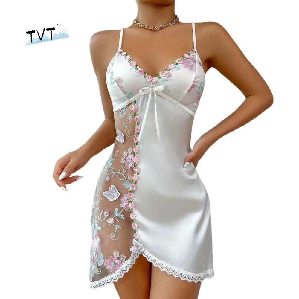 Robe de nuit pour femme en dentelle fine avec nœud, brodée, en maille transparente, en soie glacée, à bretelles, sans manches